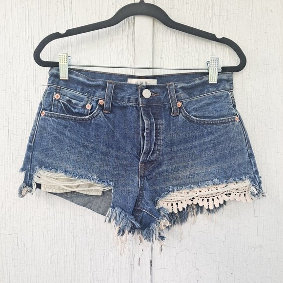 We The Free Distressed Jean Denim Shorts 26 Lace Cut Off Summer Festival‎ - Picture 1 of 5
